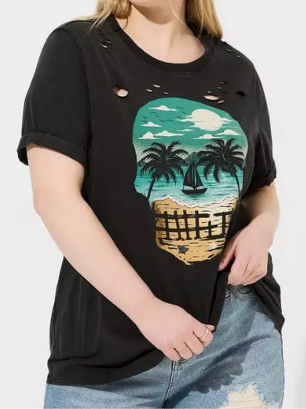 torrid Black 100% Cotton Graphic Tee with Teal & Yellow Beach Skull - Size 2